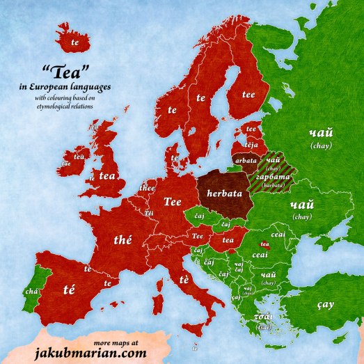 Map of the word 'tea' in European languages (source)